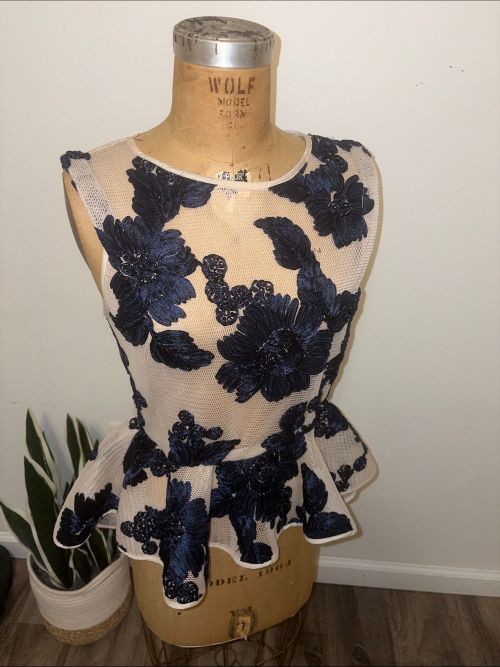 Gracia Navy Floral Appliqué Peplum Top on Cream